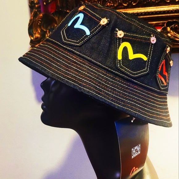 Evisu Multi-color Bucket Hat Embroidered Print Multi-Pockets Denim NWT w Bag - Picture 10 of 11